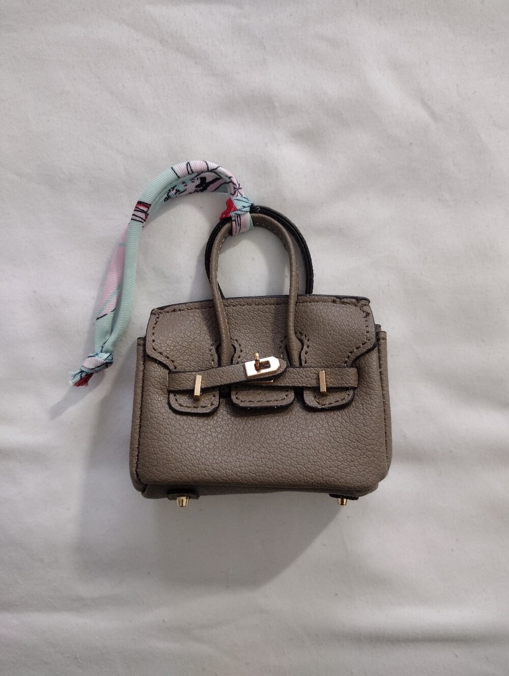 Luxury Gray Brown Mini Tote Handbag with Silk Scarf Accent Charm